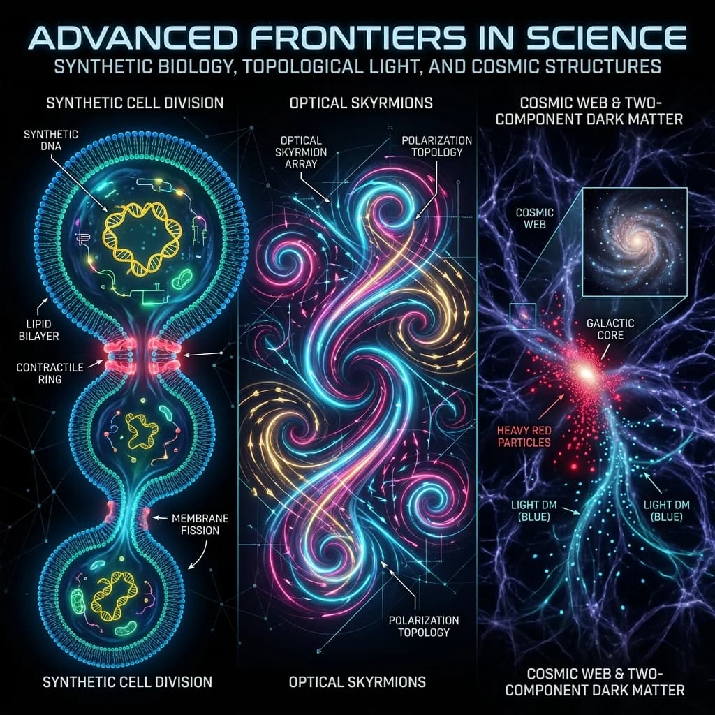 Genetically Encoded Synthetic Cell Division, Optical Skyrmions via Poisson Spot, and Two-Component Self-Interacting Dark Matter