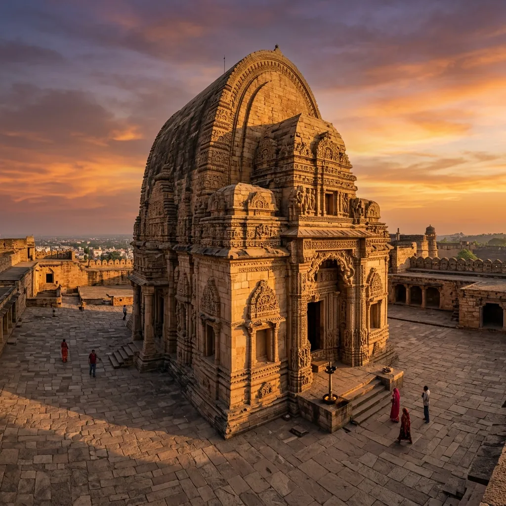 Dramatic view of the historic structures at Teli ka Mandir