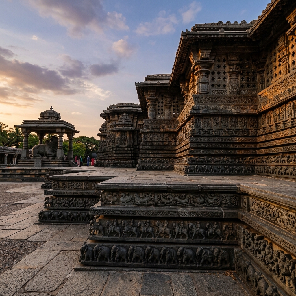 Dramatic view of the historic structures at Hoysaleswara Temple of Halebidu