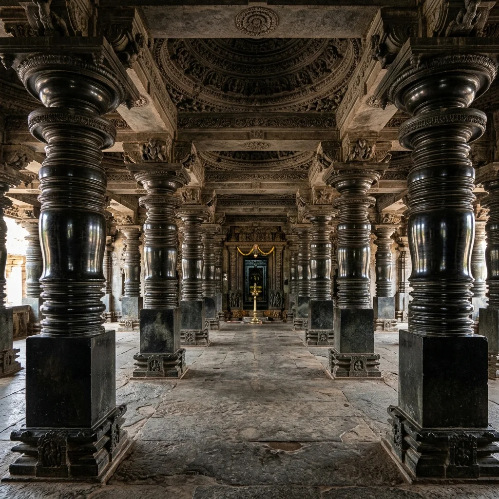 Intricate lathe-turned soapstone pillars inside the mandapa of Veera Narayana Temple