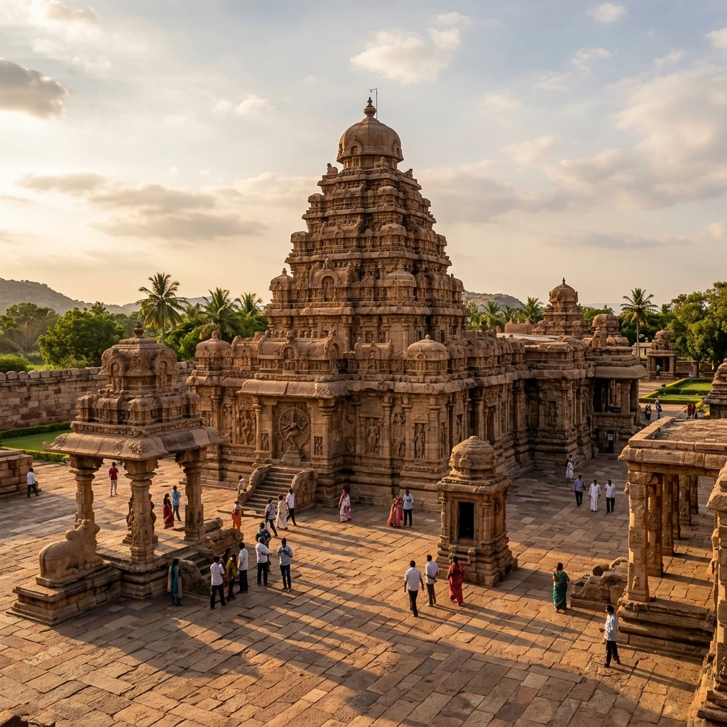 Seated lion pillars and historical bas-relief galleries at Vaikunta Perumal Temple