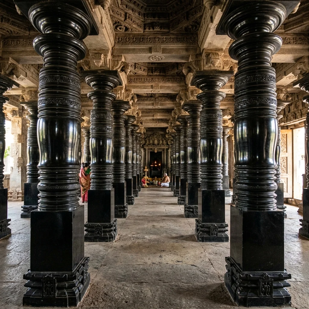Dramatic view of the historic structures at Thousand Pillar Temple