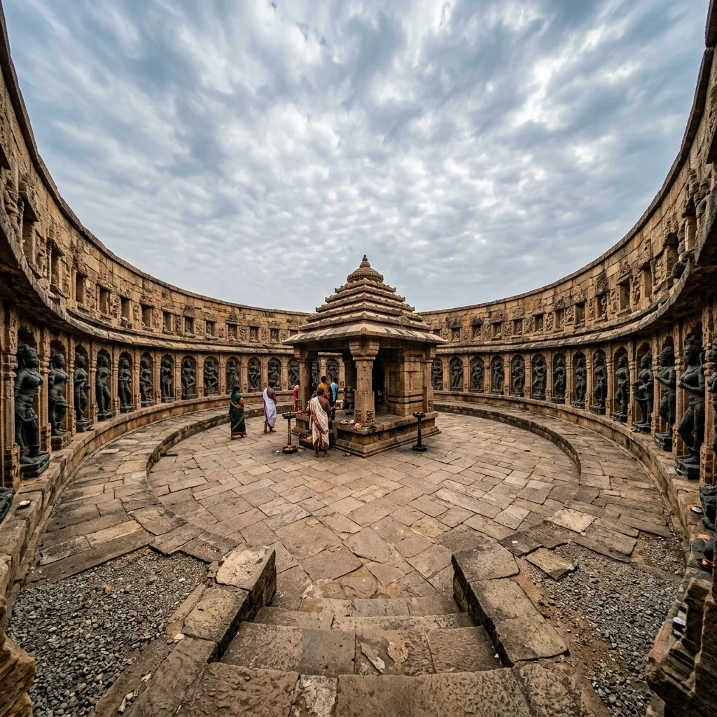 Wide-angle view of the roofless circular enclosure and Chandi Mandap at Hirapur