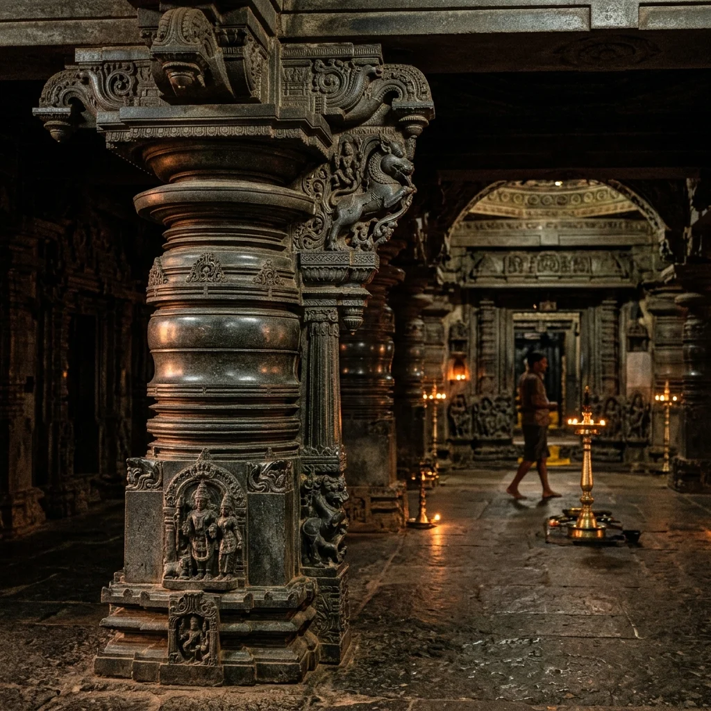 Intricate stone carving and architectural details of Madhukeshwara Temple