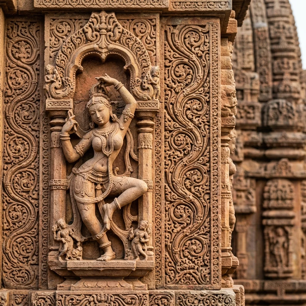 Intricate stone carving and architectural details of Rajarani Temple