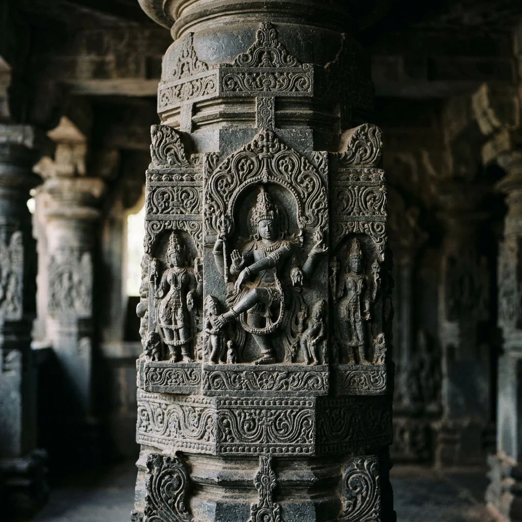 Intricate stone carving and architectural details of Mahadev Temple