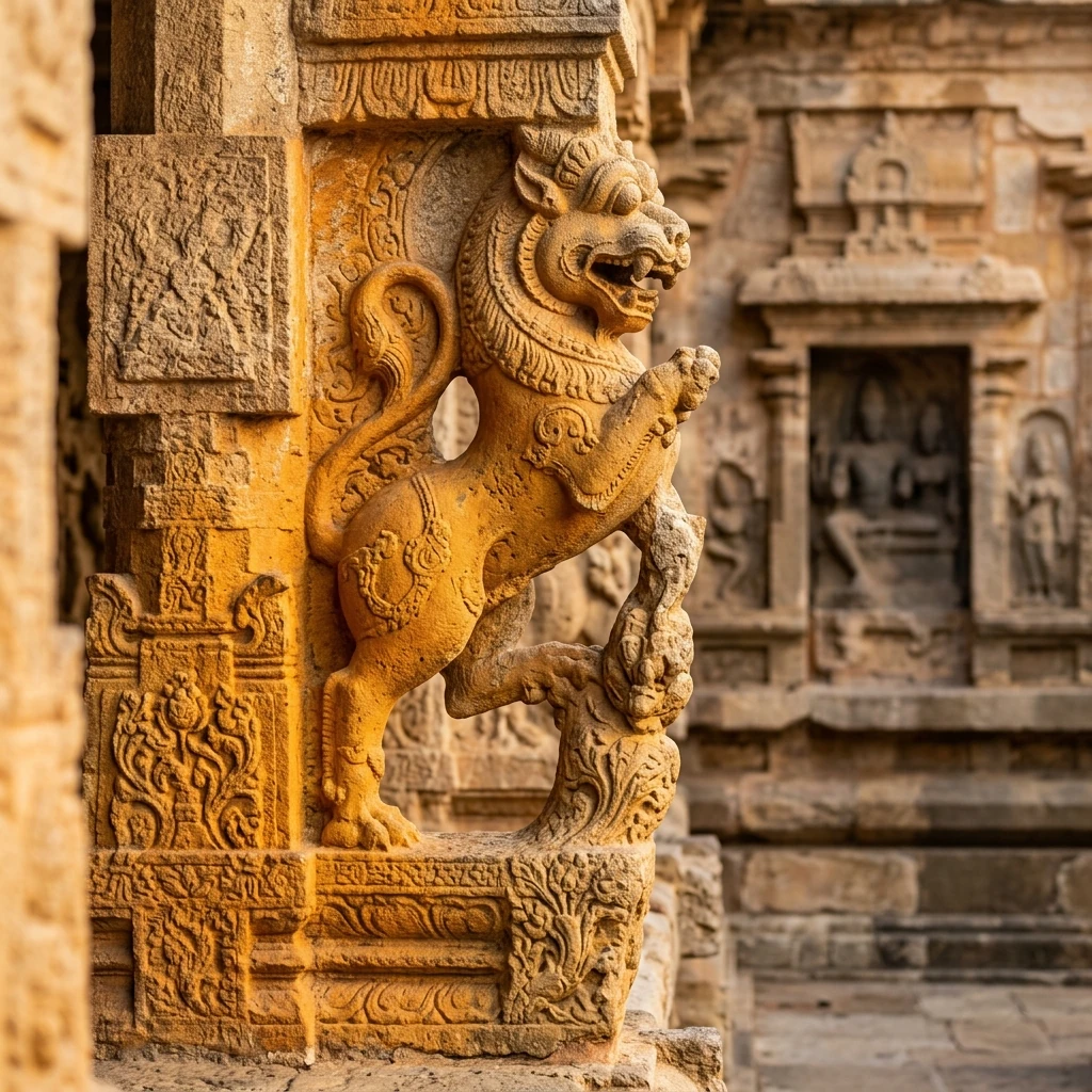 Intricate stone carving and architectural details of Kanchipuram Kailasanathar Temple