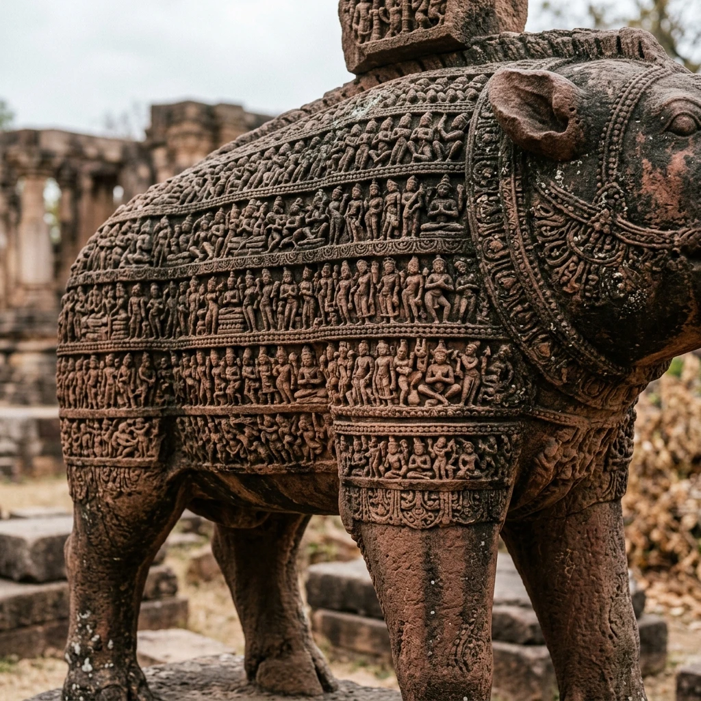 Intricate stone carving and architectural details of the zoomorphic Varaha monolith at Eran