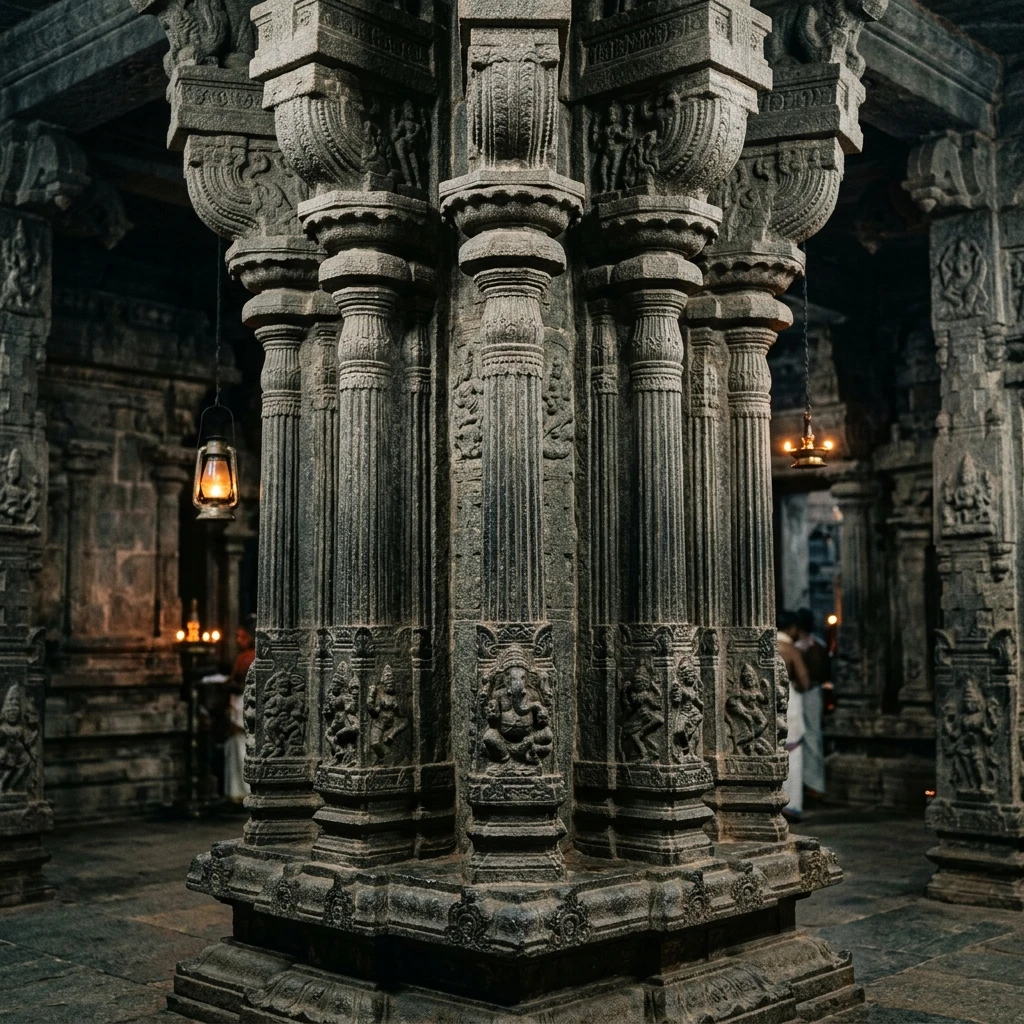 Intricate stone carving and architectural details of Venkataramana Temple at Gingee Fort