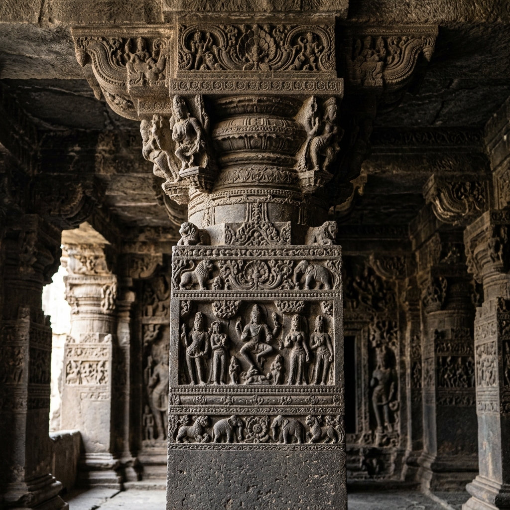 Intricate stone carving and architectural details of Kailasa Temple