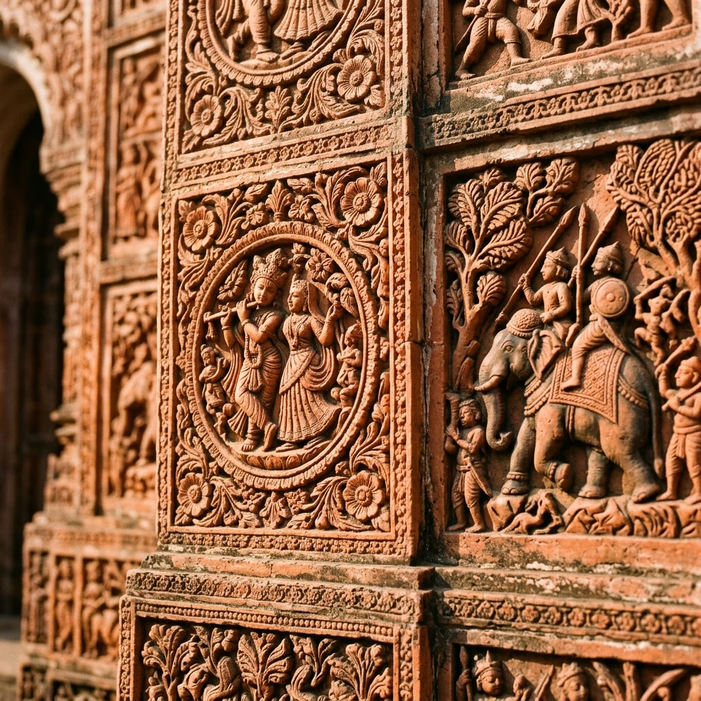 Intricate stone carving and architectural details of Bishnupur Terracotta Temples