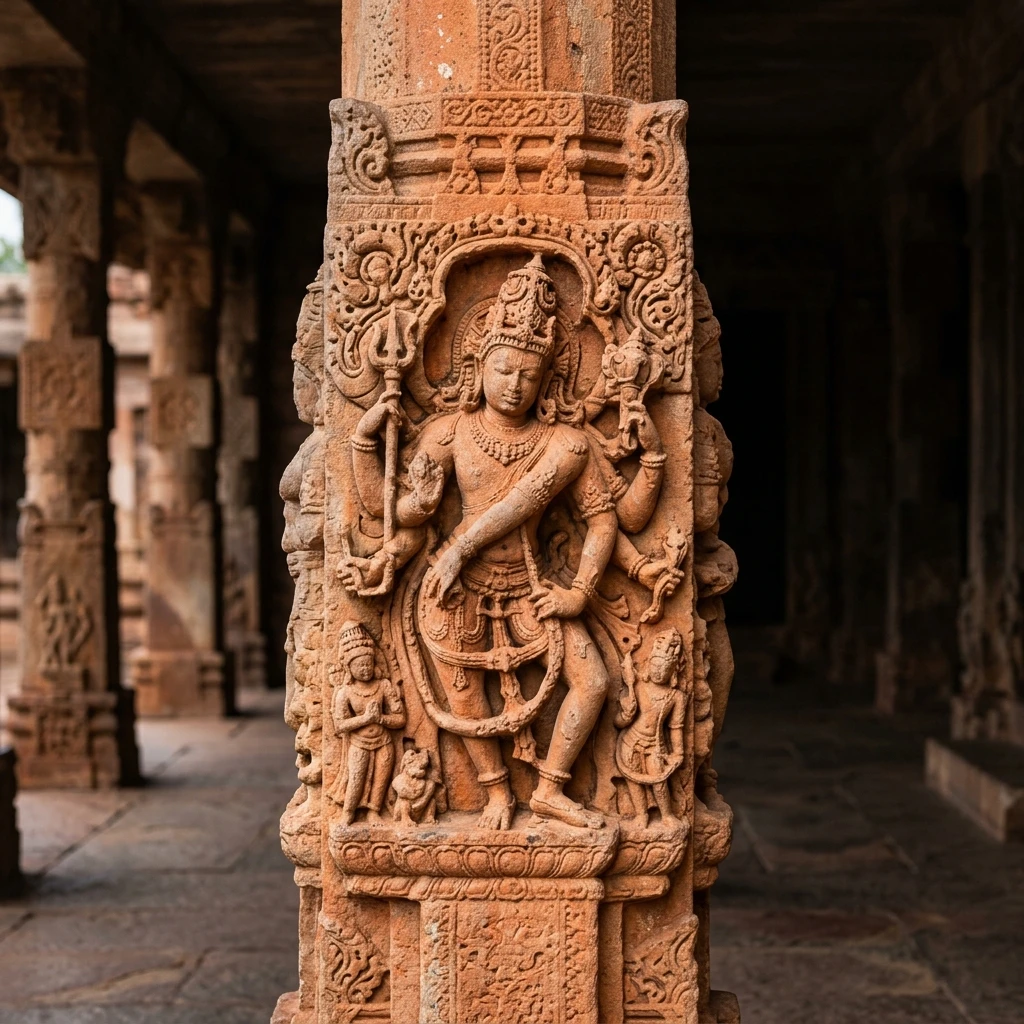 Intricate stone carving and architectural details of Aihole Durga Temple