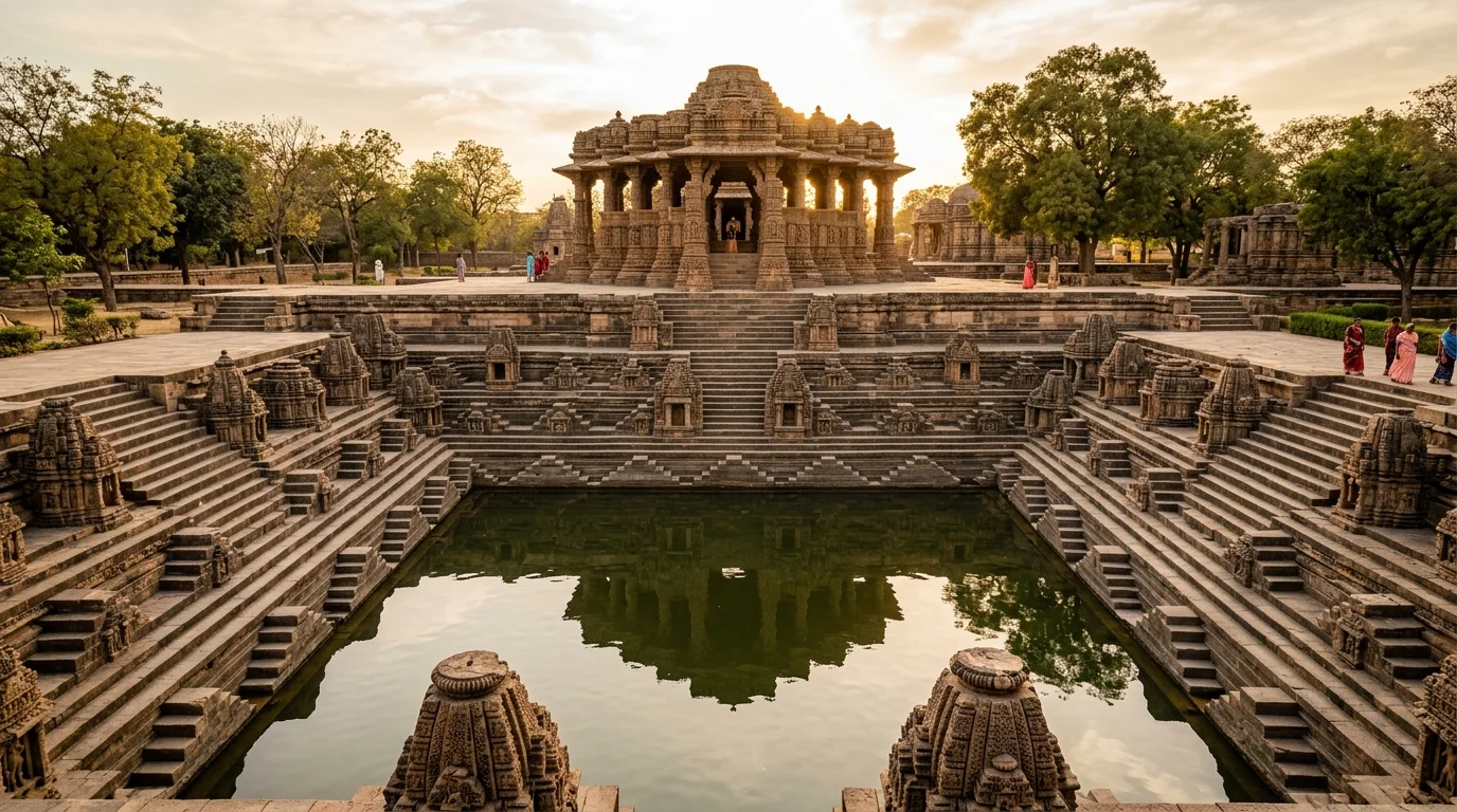 Dramatic view of the historic structures at Sun Temple of Modhera