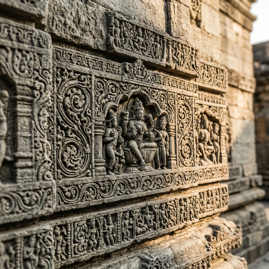 Intricate stone carving and architectural details of Baijnath Temple Complex