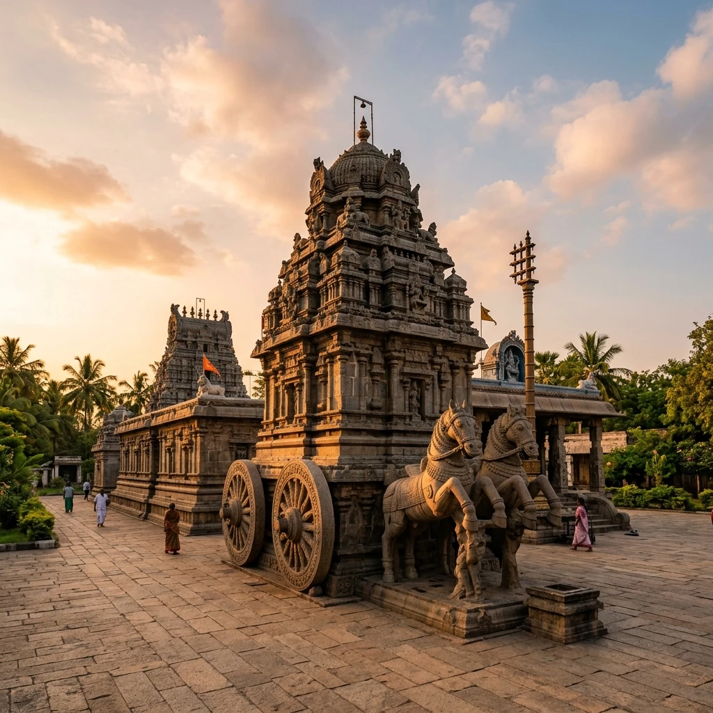 Dramatic view of the historic structures at Melkadambur Amirthakadeswarar Temple
